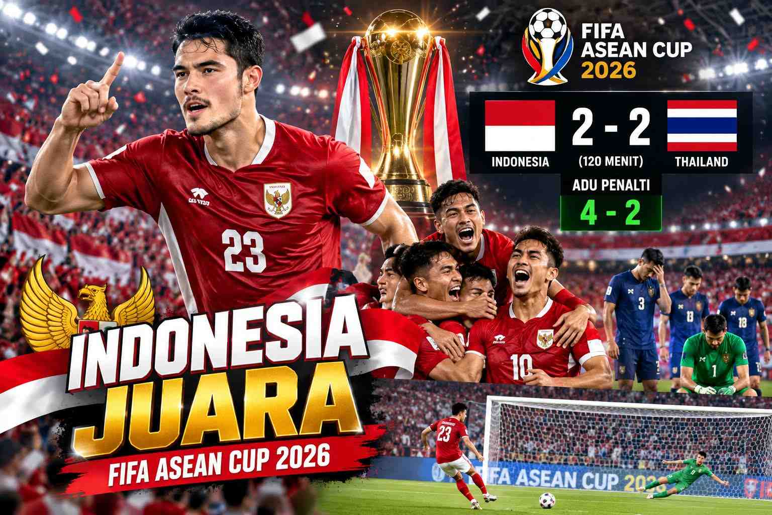 Keteragan foto : Indonesia Juara FIFA ASEAN Cup 2026, Taklukkan Thailand Lewat Adu Penalti
