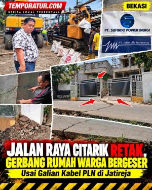 Keterangan foto : Jalan Raya Citarik Retak, Gerbang Rumah Warga Bergeser Akibat Proyek Galian Kabel PLN di Jatireja