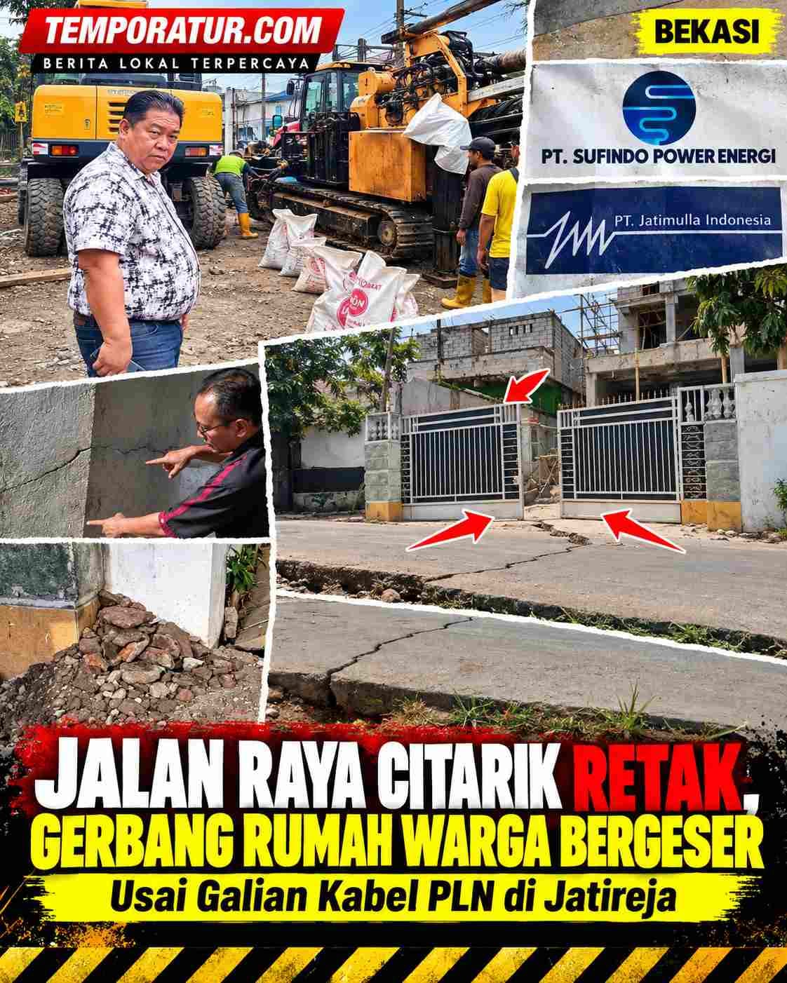 Keterangan foto : Jalan Raya Citarik Retak, Gerbang Rumah Warga Bergeser Akibat Proyek Galian Kabel PLN di Jatireja
